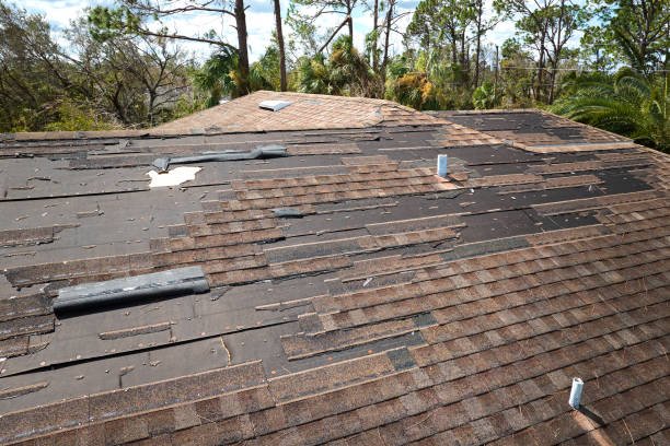 Emergency roof repair in South Bend for a damaged roof with numerous missing shingles, indicating significant wear and the need for repair.