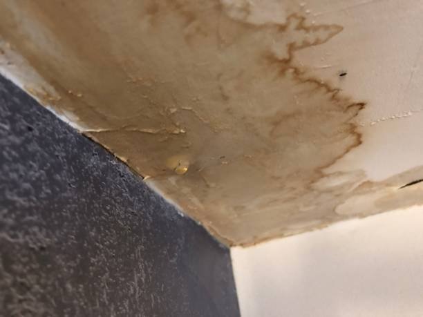 A wall with a visible hole, indicating damage likely caused by a roof leak, requiring repair.