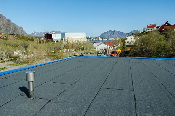 A flat roof painted blue, with a mountain range rising in the background, showcasing a recent roof replacement.