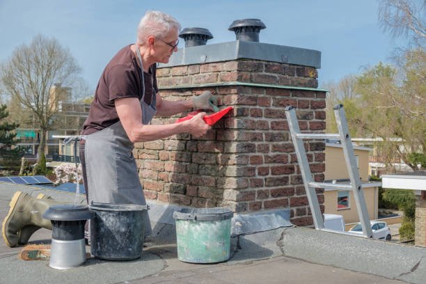 A man is engaged in repairing a brick chimney, specifically targeting areas with leaks for effective maintenance — a typical example of chimney leaks repair in Granger, IN.