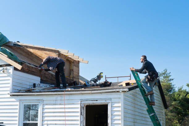 Two men engaged in roof leak repair work on a house, addressing a leak issue.