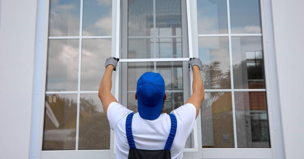 A worker in a blue cap and overalls installs a mesh insect screen into a large, white-framed window.