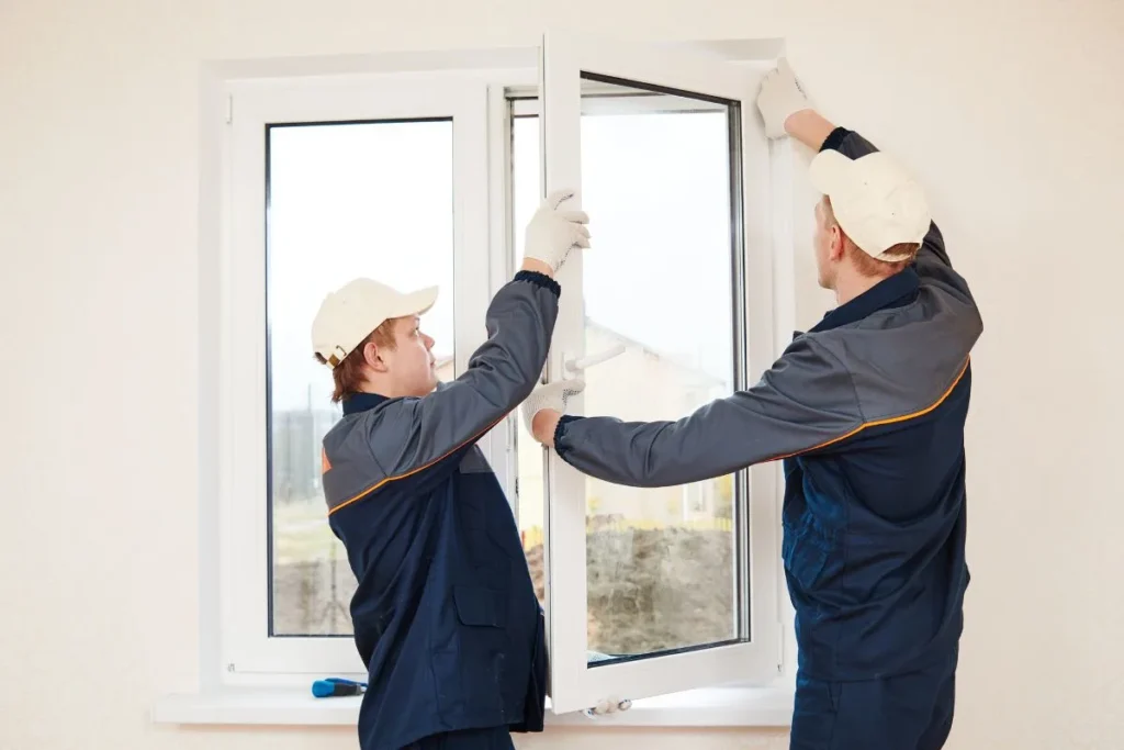 Two men in work clothes are installing a window, focused on their task with tools in hand.
