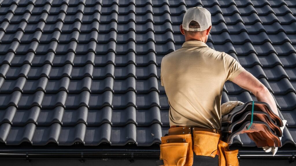 A newly tiled roof with roofing services member standing over it. 