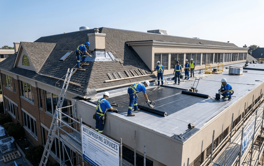Two professional waterproofing technicians applying membrane to a metal roof, with text overlay and a blue checkmark icon.