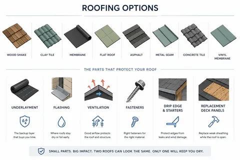An educational roofing options infographic chart comparing commercial membrane systems, coatings, and Flat Roof Materials